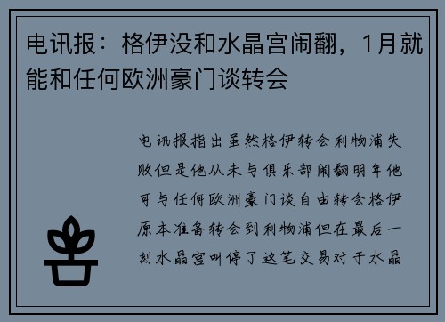 电讯报：格伊没和水晶宫闹翻，1月就能和任何欧洲豪门谈转会